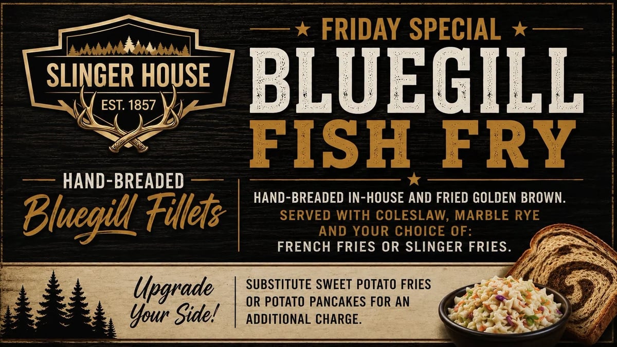Slinger House Friday Special Bluegill Fish Fry menu with hand-breaded fillets, rye bread, coleslaw, and fries options